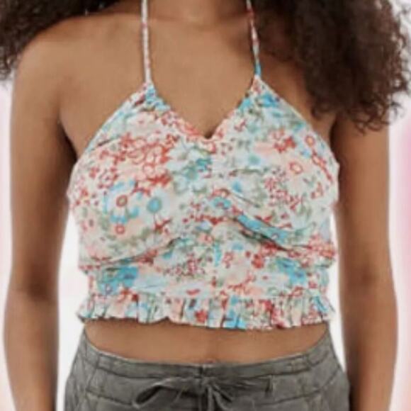 American Eagle White Multicolor Smocked Halter Neck Crop Top Sz L‎ NEW - Picture 7 of 7